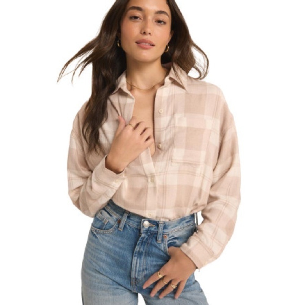 NWT Z Supply Evereve River Plaid Button Up in Putty Sold Out Online Size M Cottn